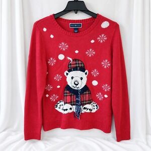 Karen‎ Scott Polar Bear Ugly Christmas Sweater Womens Large Red 3D Scarf Holiday